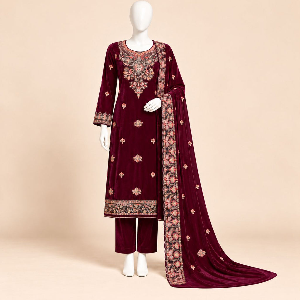 Ruby Blossom – Luxury Embroidered Maroon Velvet 3-Piece Formal Suit – 0192M (Unstitched)