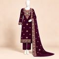 Crimson Bloom – Luxury Embroidered Burgundy Velvet 3-Piece Formal Suit – 0193M (Unstitched)