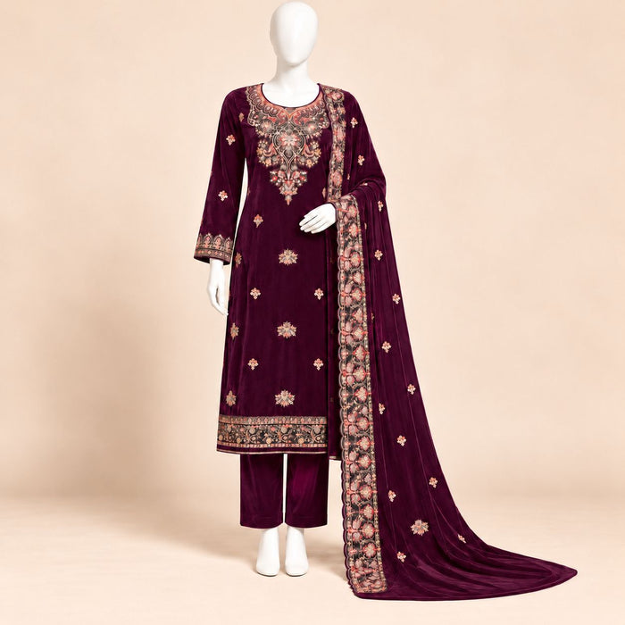 Crimson Bloom – Luxury Embroidered Burgundy Velvet 3-Piece Formal Suit – 0193M (Unstitched)