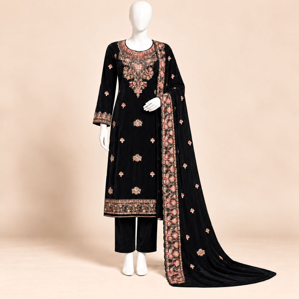 Midnight Noir – Luxury Embroidered Black Velvet 3-Piece Formal Suit – 0195M (Unstitched)
