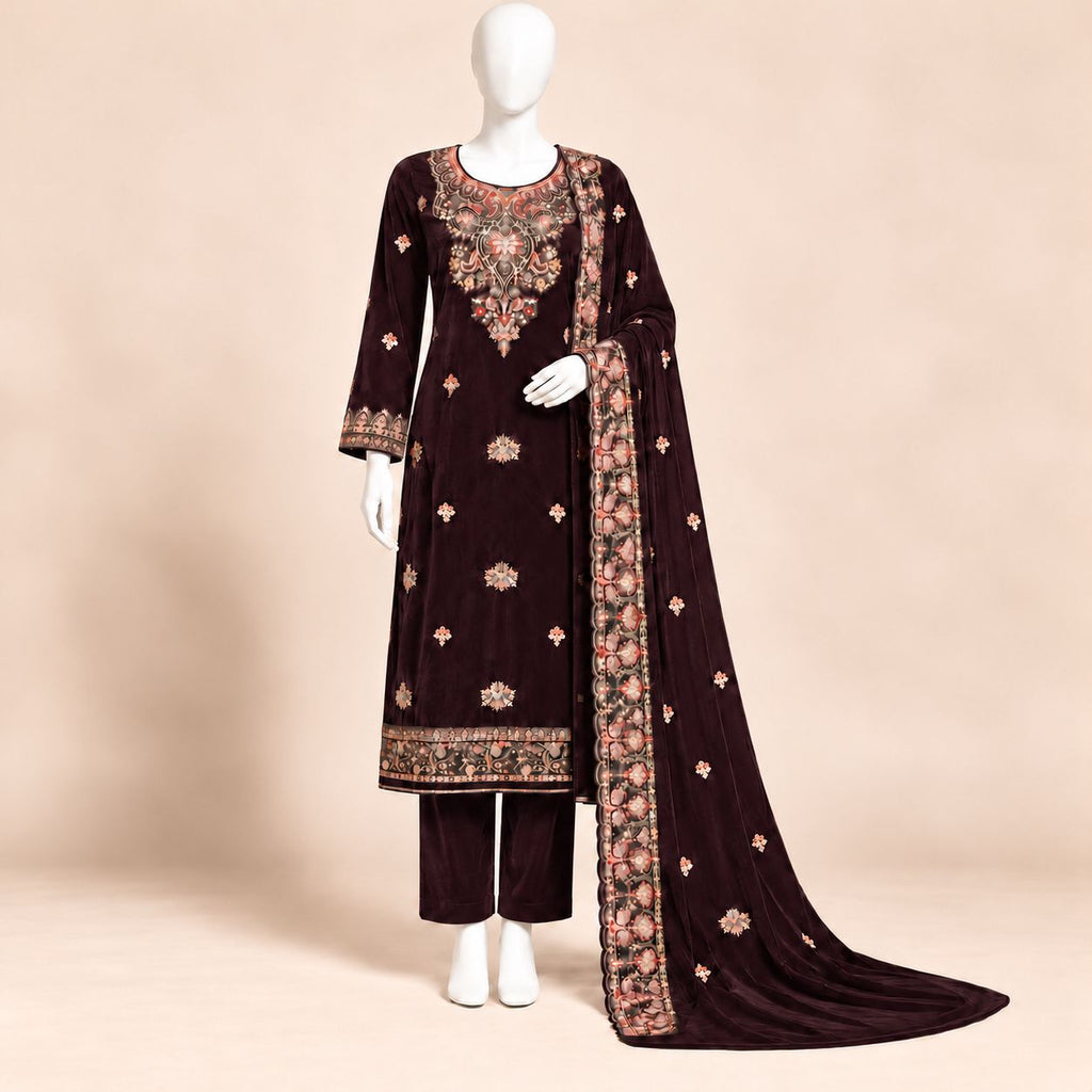 Mocha Royale – Luxury Embroidered Dark Chocolate Velvet 3-Piece Formal Suit – 0194M (Unstitched)