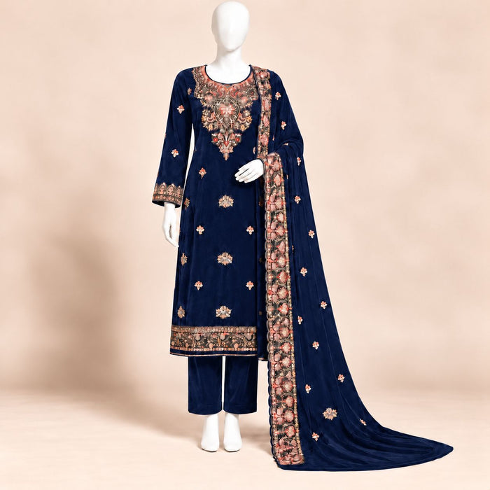 Sapphire Elegance – Luxury Embroidered Navy Blue Velvet 3-Piece Formal Suit – 0196M (Unstitched)