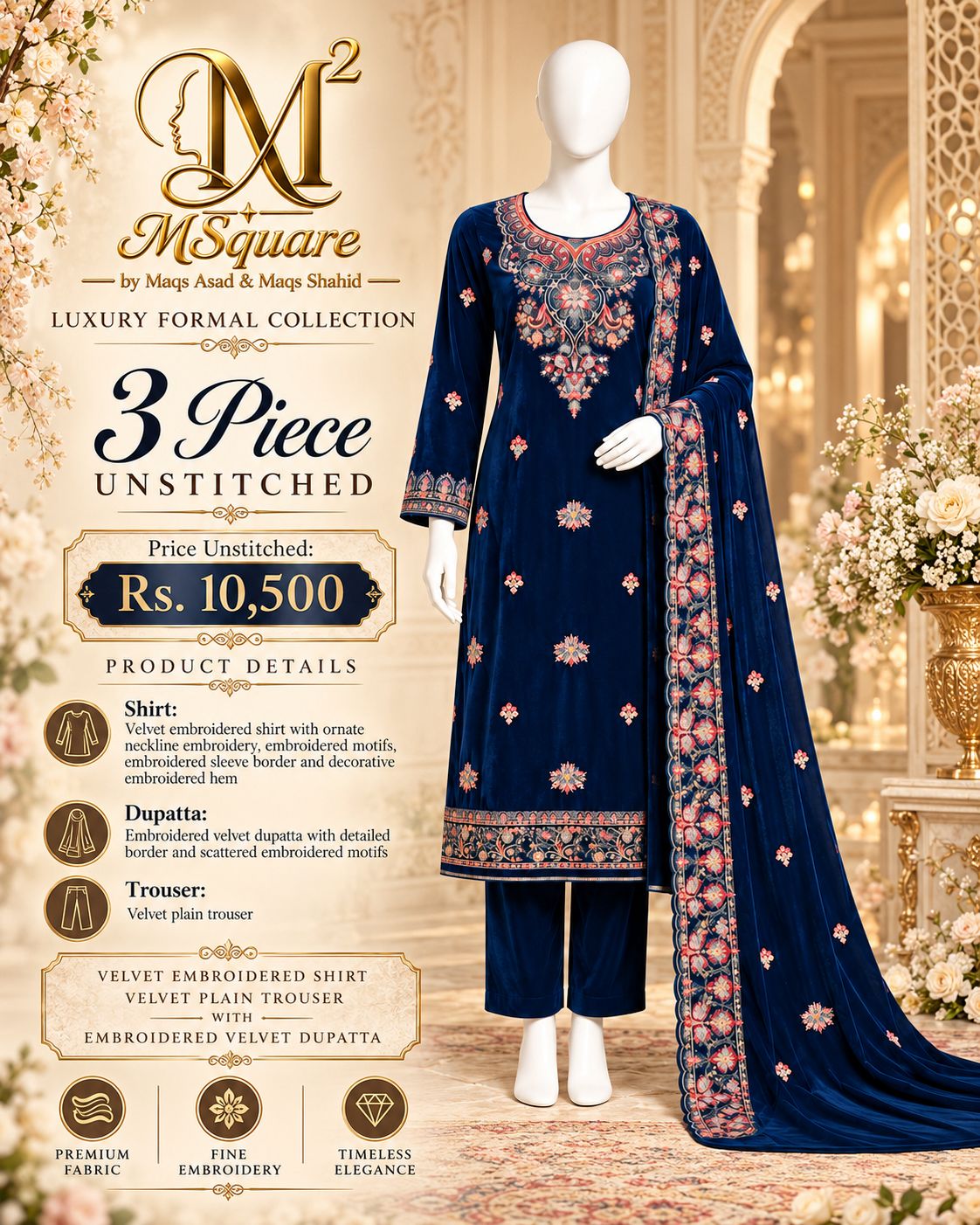 Sapphire Blossom – Luxury Embroidered Navy Blue Velvet 3-Piece Formal Suit – 0191M (Unstitched)