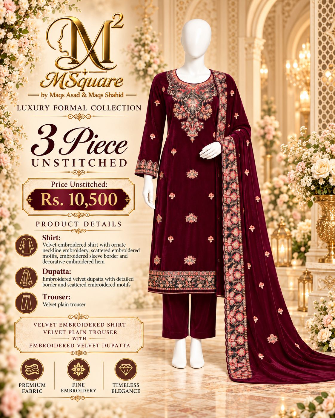 Ruby Blossom – Luxury Embroidered Maroon Velvet 3-Piece Formal Suit – 0192M (Unstitched)