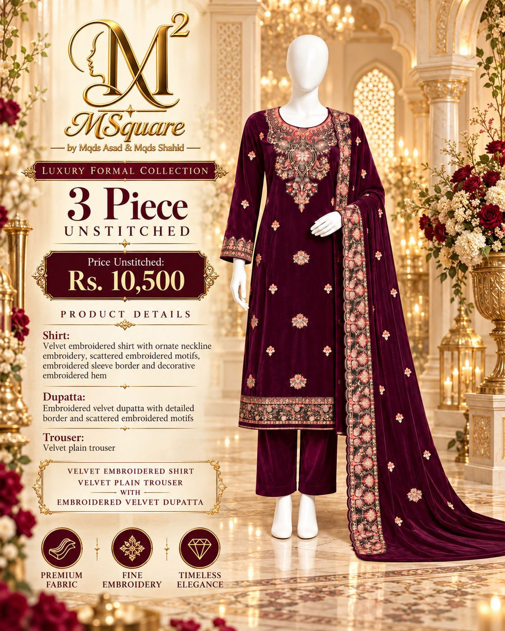 Crimson Bloom – Luxury Embroidered Burgundy Velvet 3-Piece Formal Suit – 0193M (Unstitched)