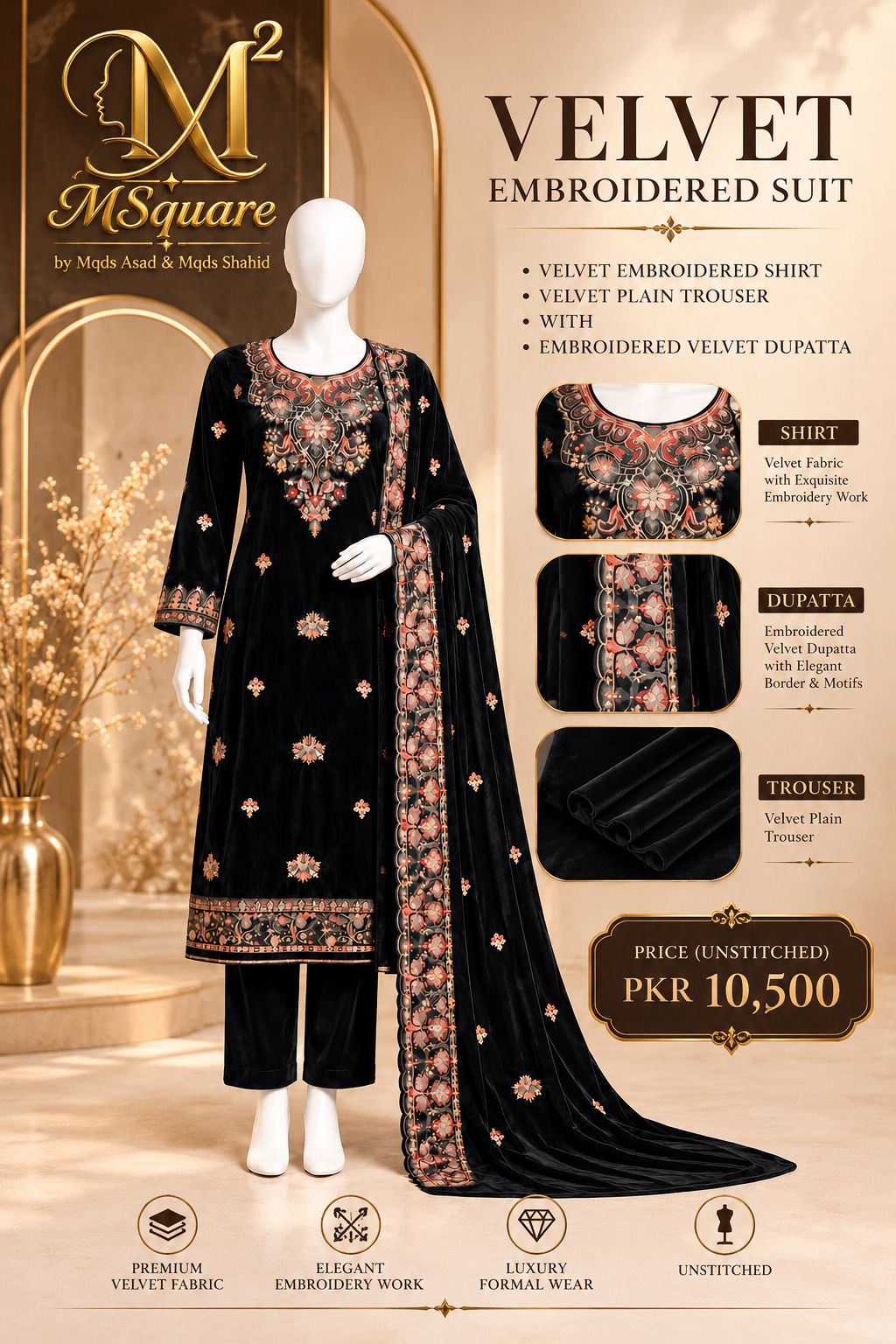 Midnight Noir – Luxury Embroidered Black Velvet 3-Piece Formal Suit – 0195M (Unstitched)