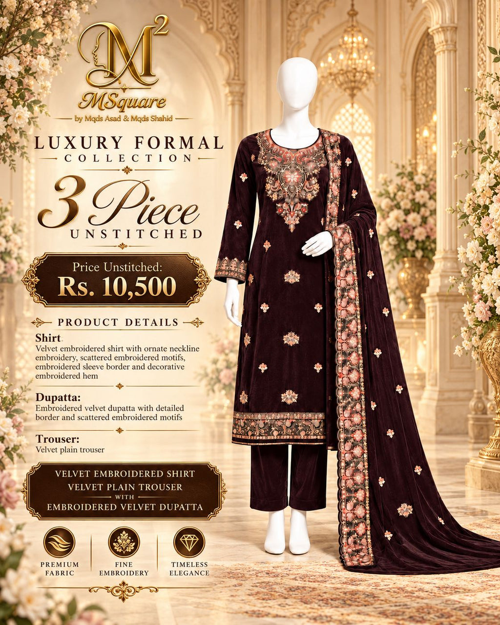 Mocha Royale – Luxury Embroidered Dark Chocolate Velvet 3-Piece Formal Suit – 0194M (Unstitched)