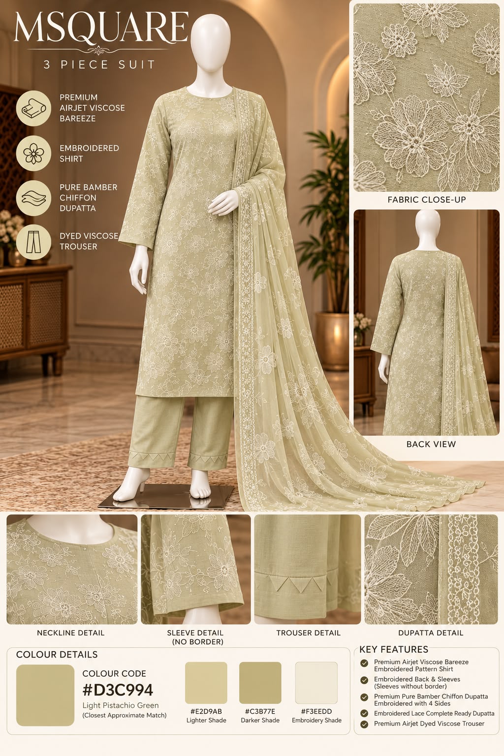 Pistachio Grace – Luxury Floral Embroidered 3-Piece Suit – SKU 0198M (Unstitched)