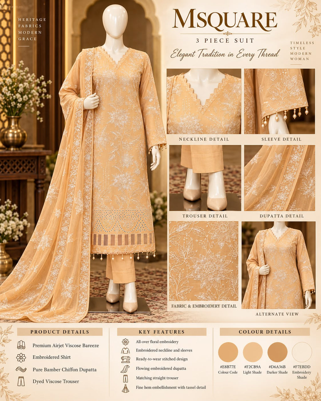 Peach Blossom Elegance – Luxury Embroidered 3-Piece Suit – SKU 0199M (Unstitched)