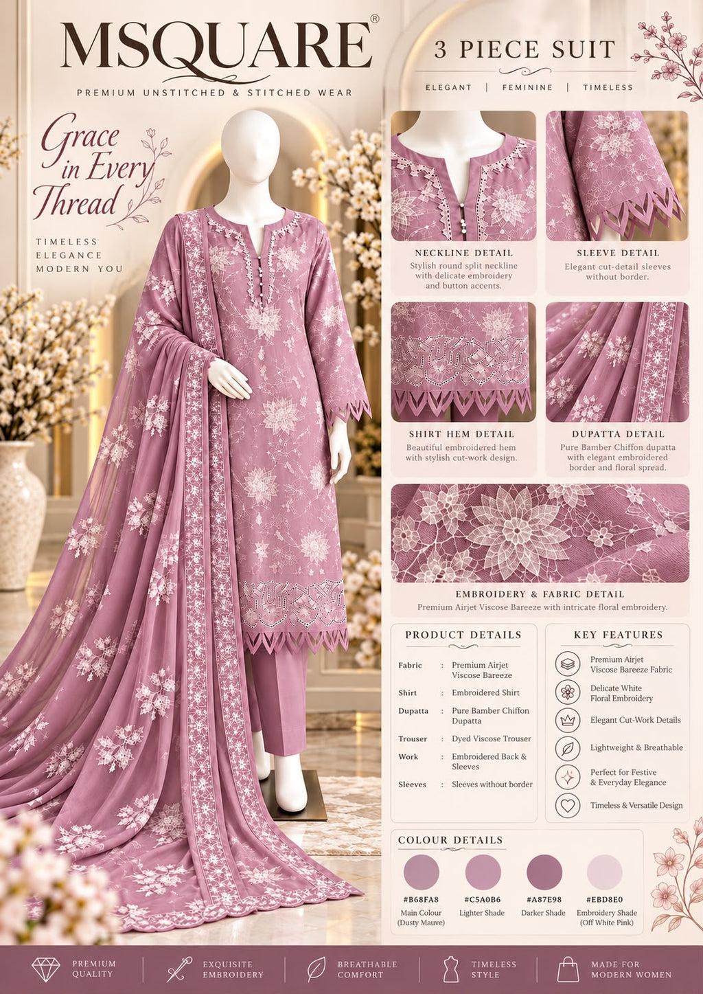 Mauve Floral Grace – Luxury Embroidered 3-Piece Suit – SKU 0201M (Unstitched)