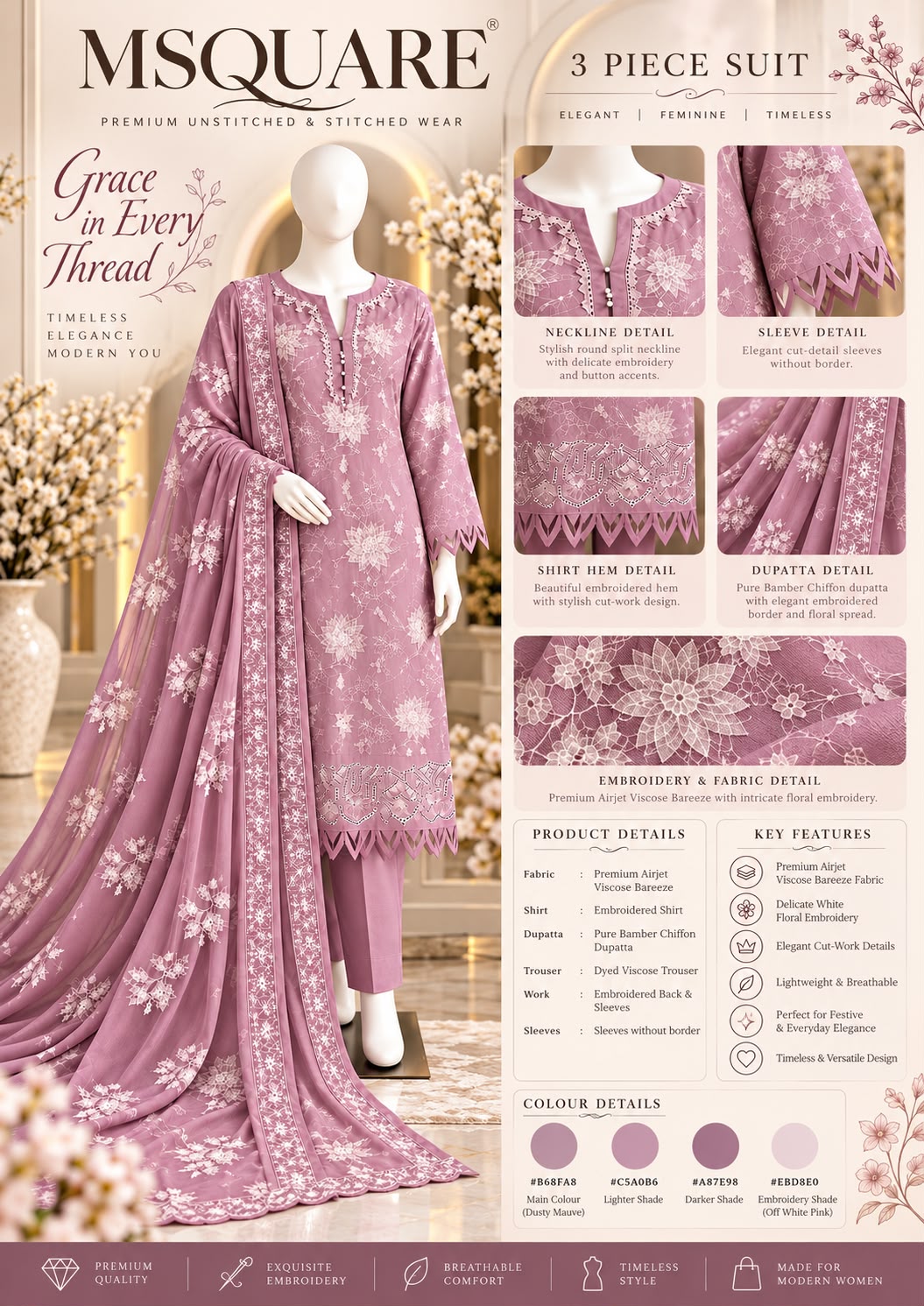 Mauve Floral Grace – Luxury Embroidered 3-Piece Suit – SKU 0201M (Unstitched)