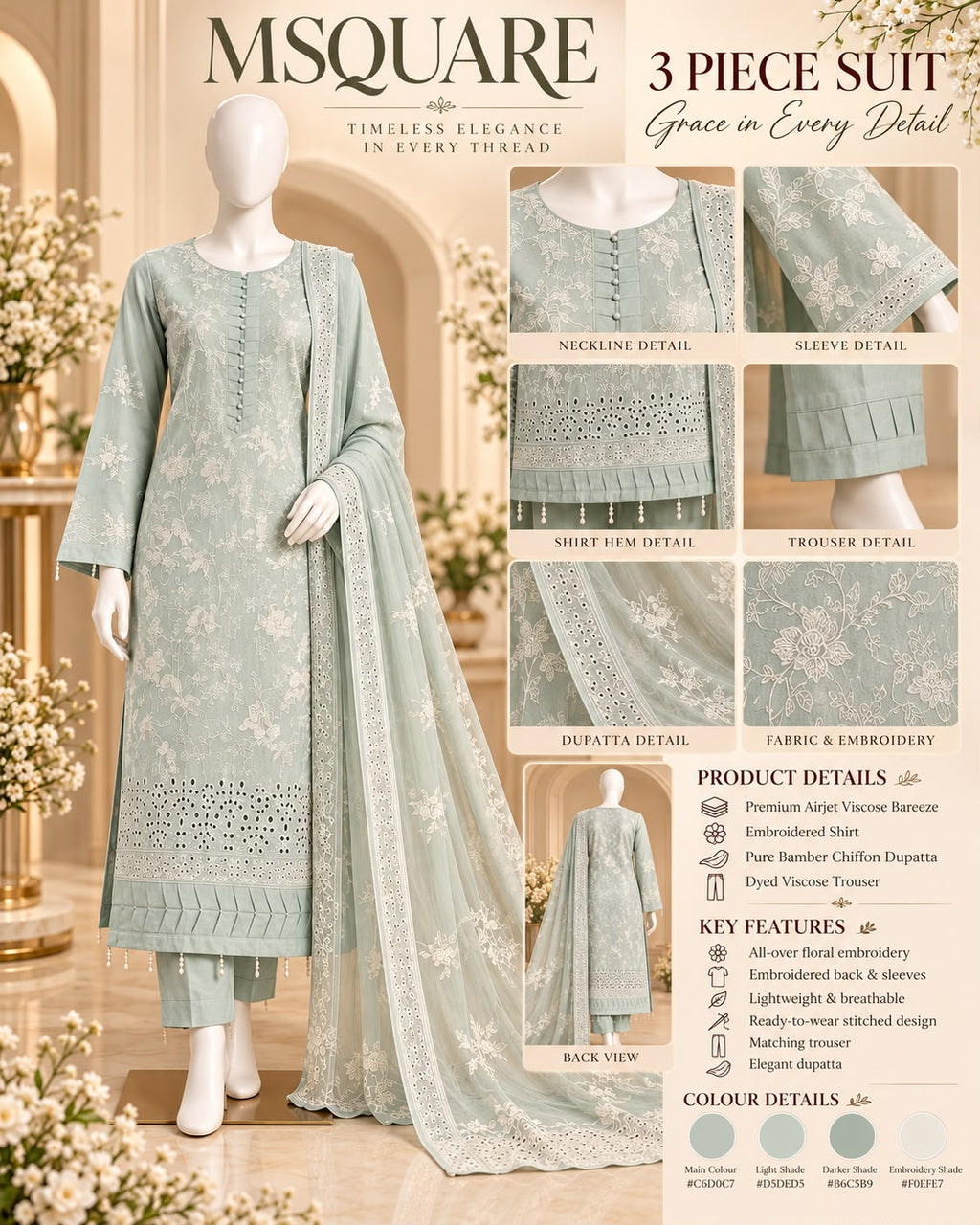 Sage Serenity – Luxury Floral Embroidered 3-Piece Suit – SKU 0202M (Unstitched)