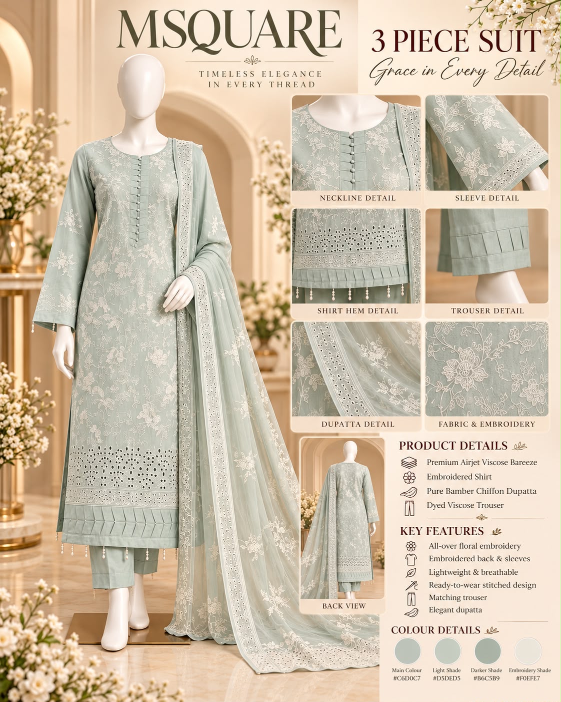 Sage Serenity – Luxury Floral Embroidered 3-Piece Suit – SKU 0202M (Unstitched)