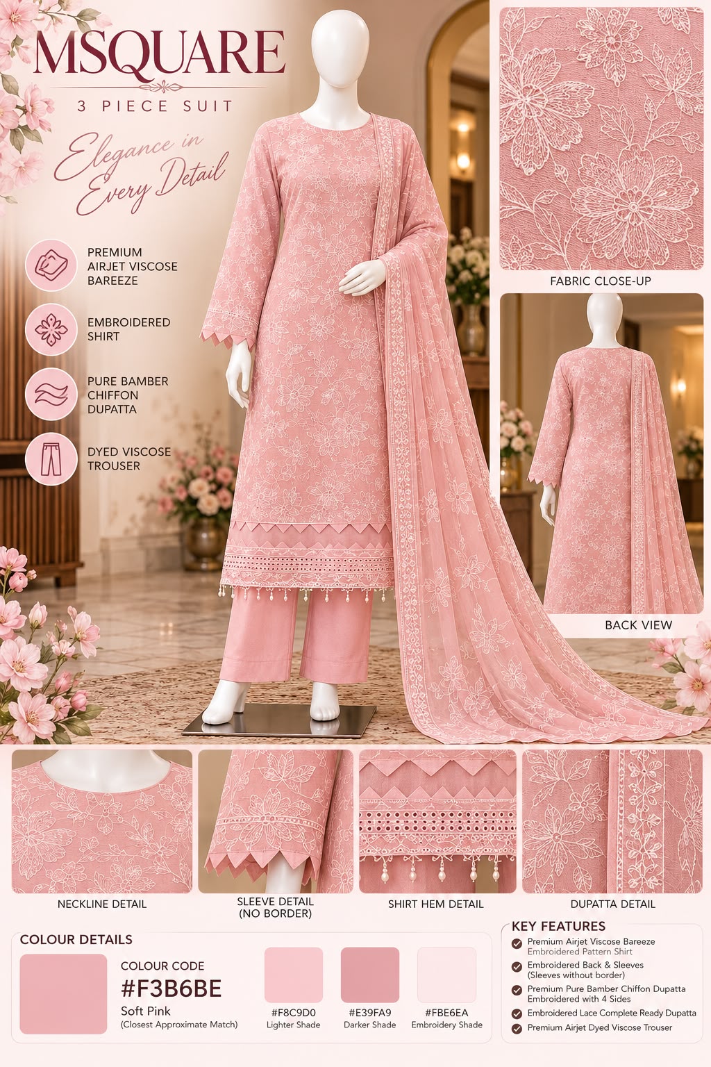 Rosé Bloom Elegance – Luxury Floral Embroidered 3-Piece Suit – SKU 0200M (Unstitched)