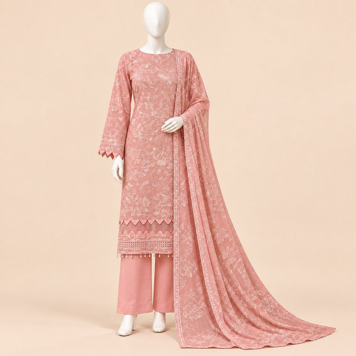Peach Blossom – Pastel Pink Floral Embroidered 3-Piece Suit – SKU 0197M (Unstitched)