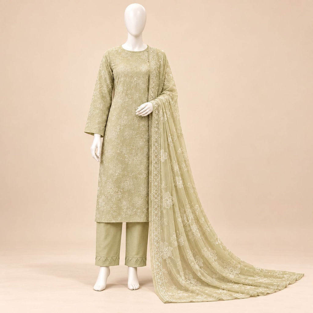 Pistachio Grace – Luxury Floral Embroidered 3-Piece Suit – SKU 0198M (Unstitched)