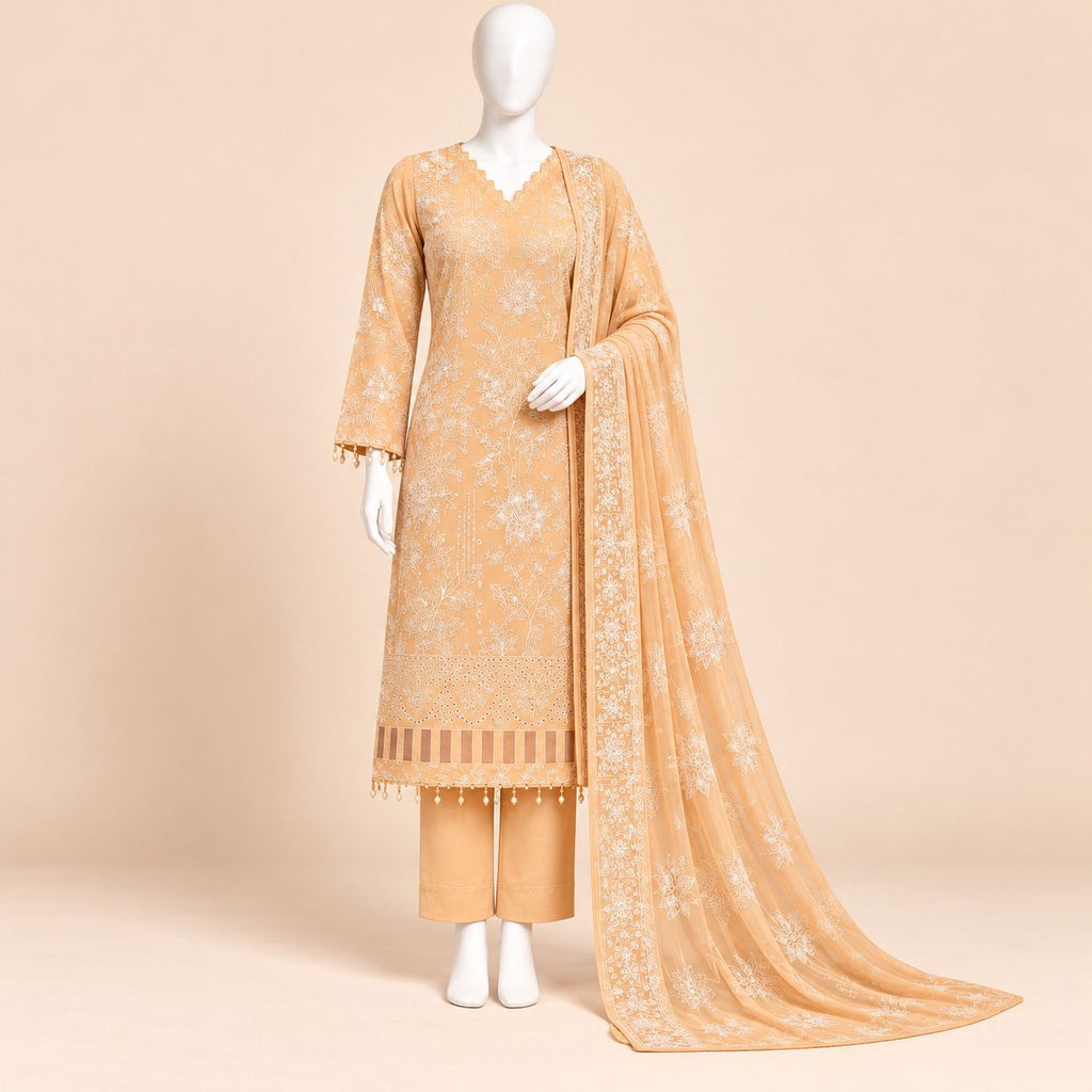 Peach Blossom Elegance – Luxury Embroidered 3-Piece Suit – SKU 0199M (Unstitched)