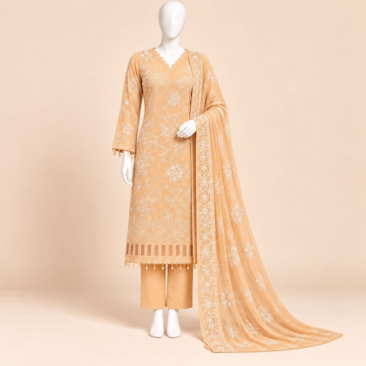 Peach Blossom Elegance – Luxury Embroidered 3-Piece Suit – SKU 0199M (Unstitched)