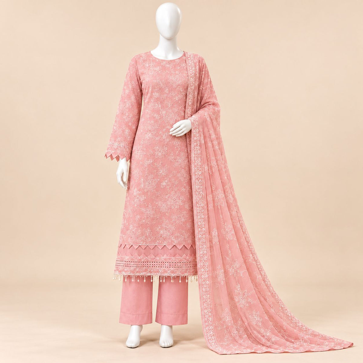 Rosé Bloom Elegance – Luxury Floral Embroidered 3-Piece Suit – SKU 0200M (Unstitched)