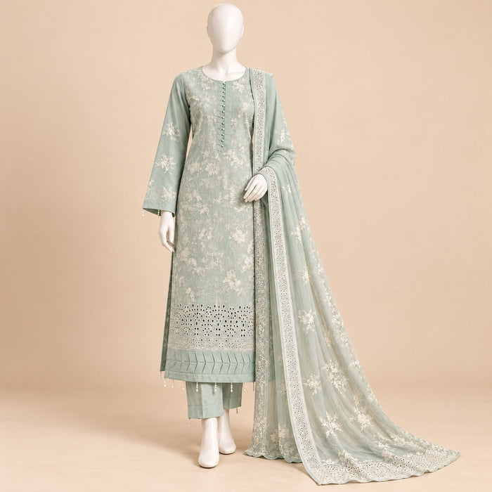 Sage Serenity – Luxury Floral Embroidered 3-Piece Suit – SKU 0202M (Unstitched)