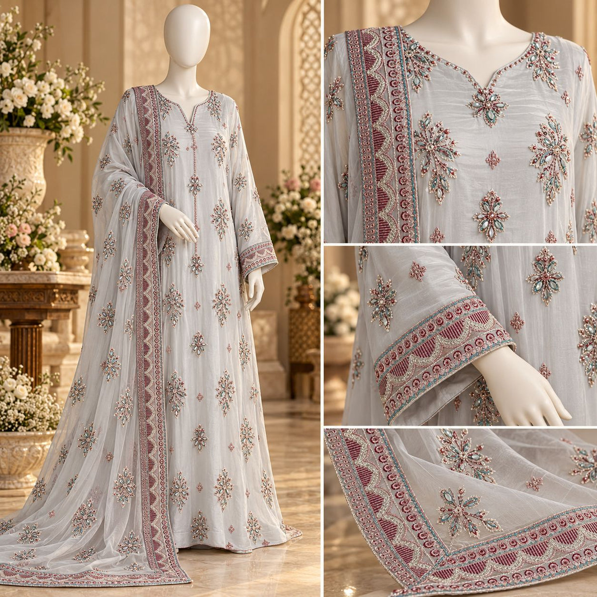 Ivory Bloom – Luxury Embroidered 3-Piece Formal Suit – 0172M (Unstitched)