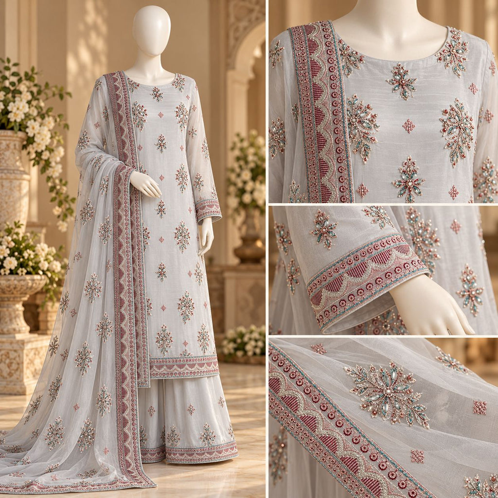 Ivory Bloom – Luxury Embroidered 3-Piece Formal Suit – 0172M (Unstitched)