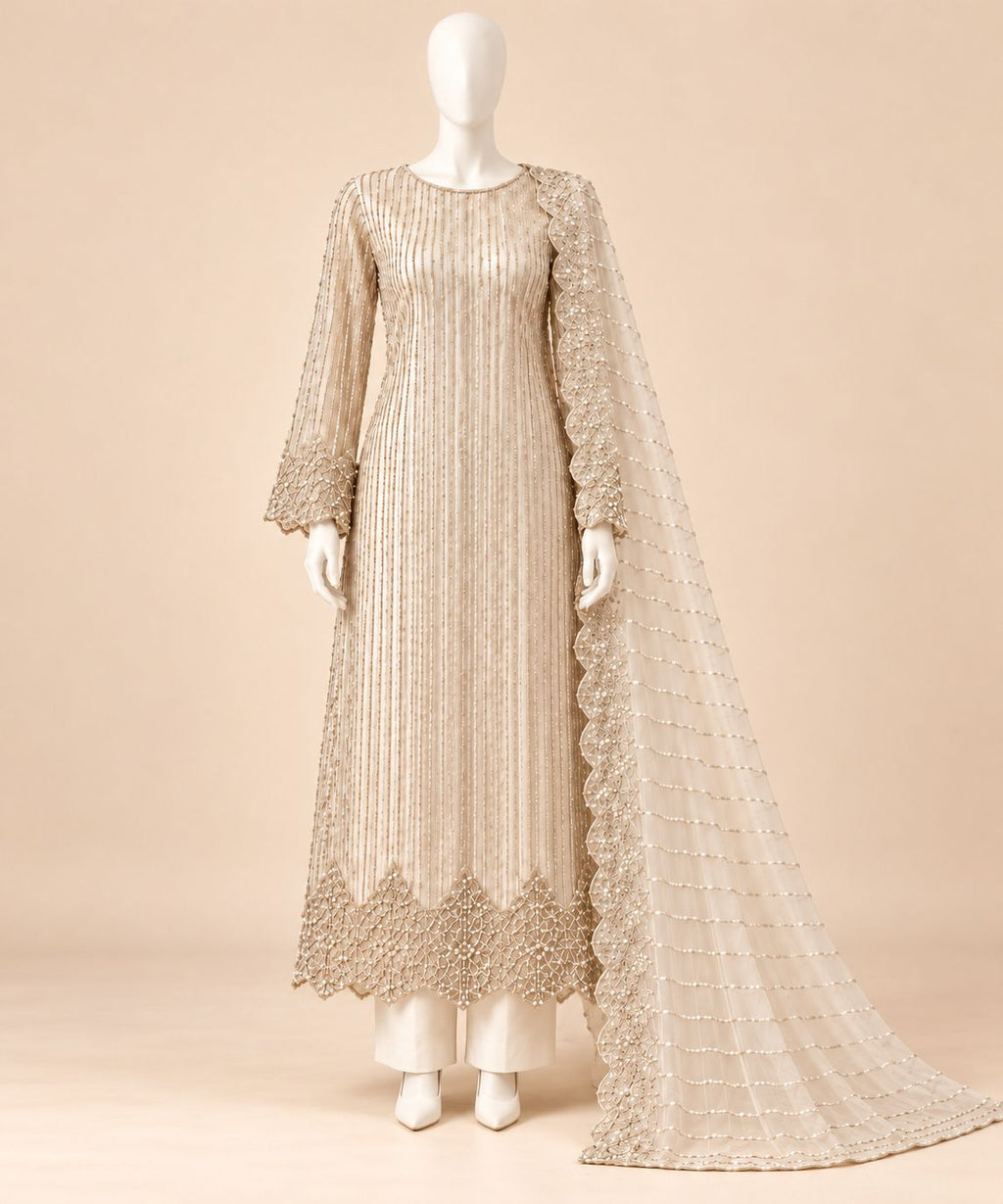 Ivory Pearl Sequin Embroidered Luxury Formal 4-Piece Suit – 0171M (Unstitched)