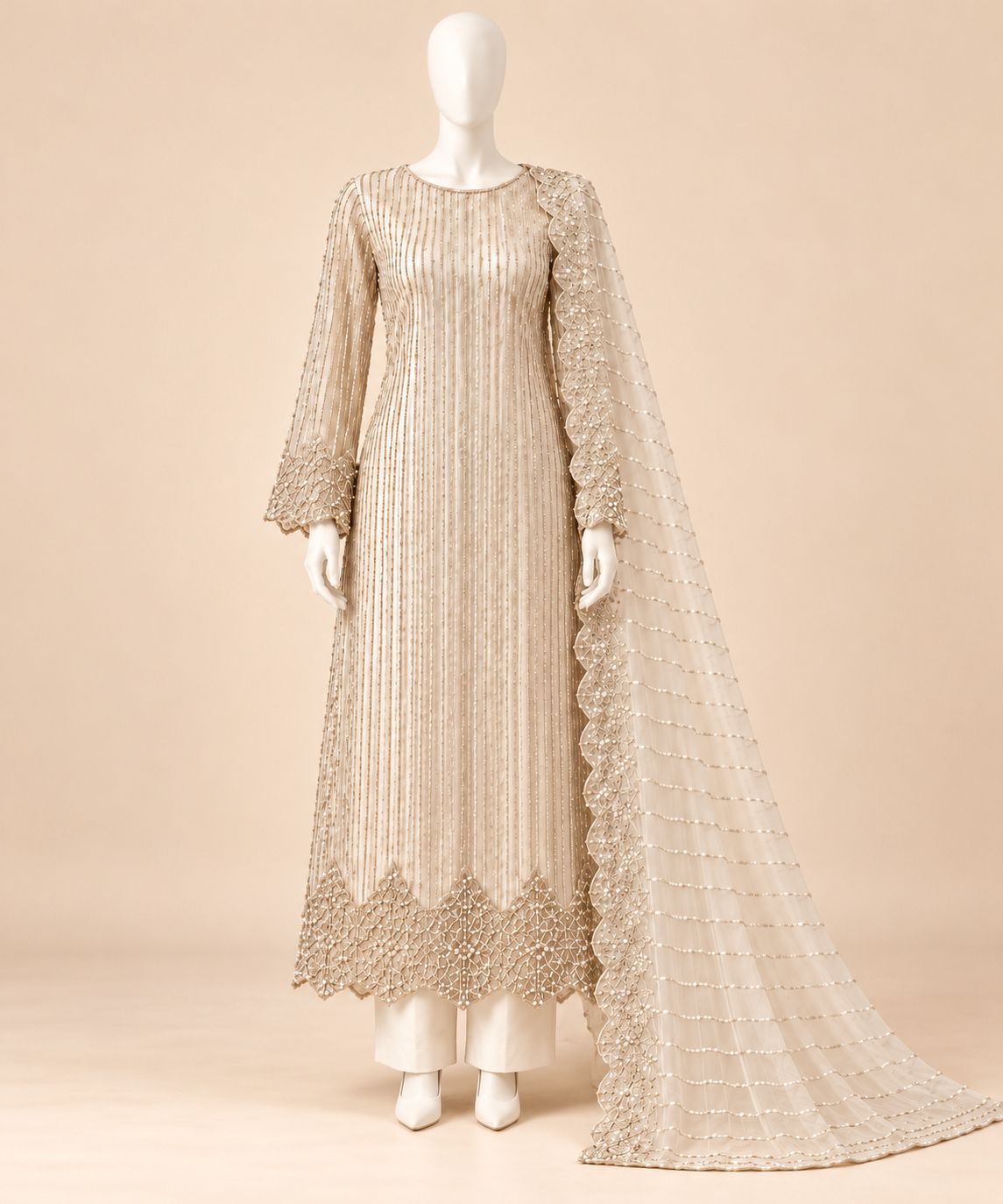 Ivory Pearl Sequin Embroidered Luxury Formal 4-Piece Suit – 0171M (Unstitched)