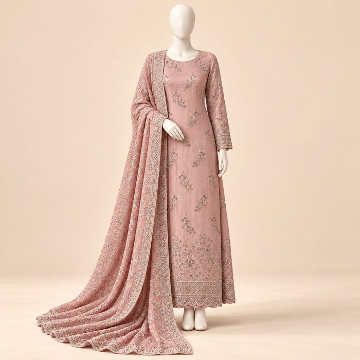 Rosé Elegance – Luxury Embroidered 3-Piece Formal Suit – 0174M (Unstitched)