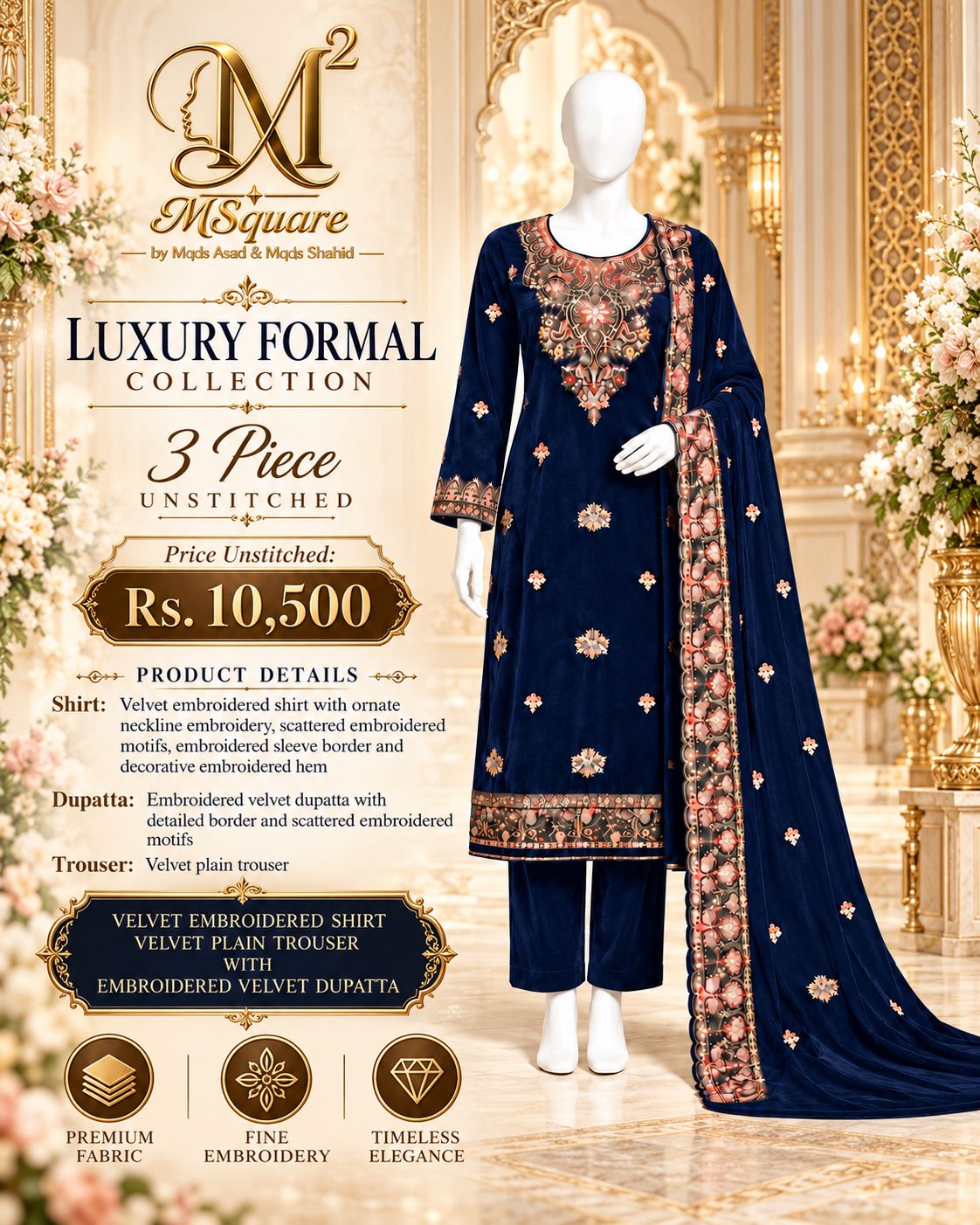 Sapphire Elegance – Luxury Embroidered Navy Blue Velvet 3-Piece Formal Suit – 0196M (Unstitched)