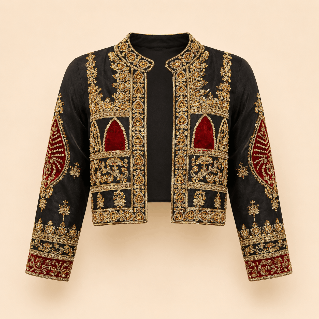 Royal Black & Maroon Handmade-Embroidered Luxury Silk Jacket – 0093M