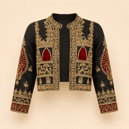 Royal Black & Maroon Handmade-Embroidered Luxury Silk Jacket – 0093M