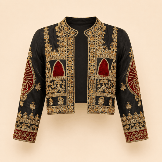 Royal Black & Maroon Handmade-Embroidered Luxury Silk Jacket – 0093M