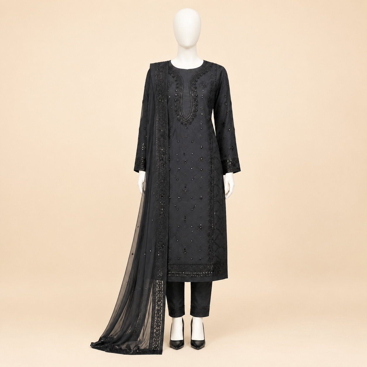 Midnight Black Embroidered 3-Piece Festive Suit – 0142M
