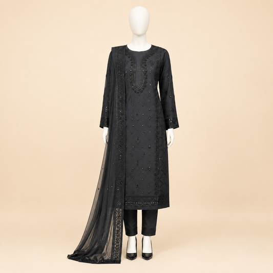 Midnight Black Embroidered 3-Piece Festive Suit – 0142M