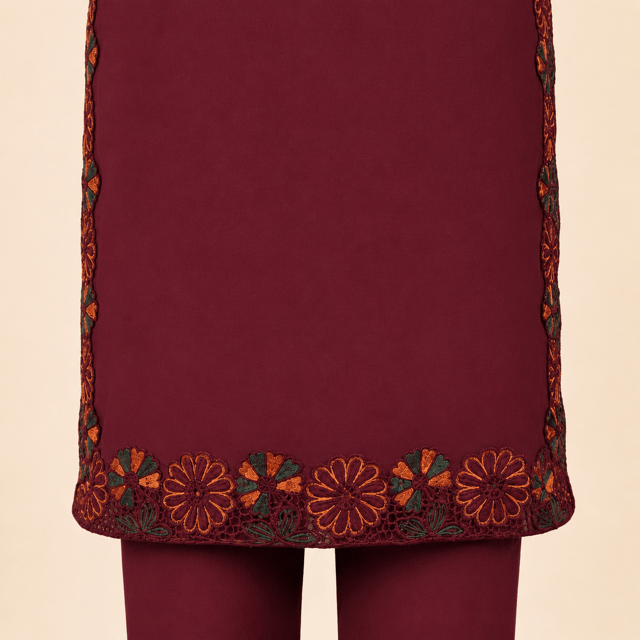 Burgundy Floral Lace Organza patch-Sleeve 2-Piece Suit – 0076M