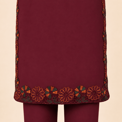 Burgundy Floral Lace Organza patch-Sleeve 2-Piece Suit – 0076M