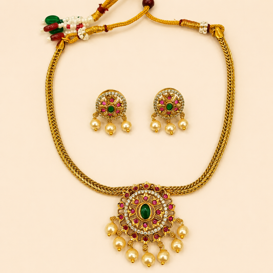 Emerald Ruby Pearl Medallion Necklace Set – 0137M