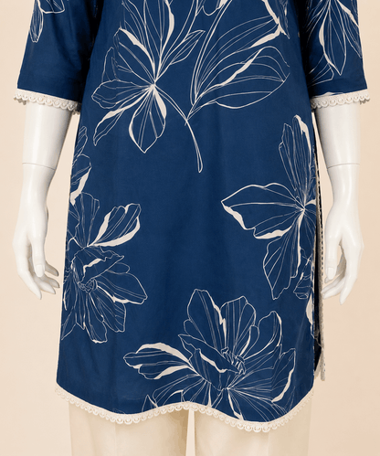 Elegant Navy Blue Floral Print 2-Piece Suit with Pearl Detail – 0115M