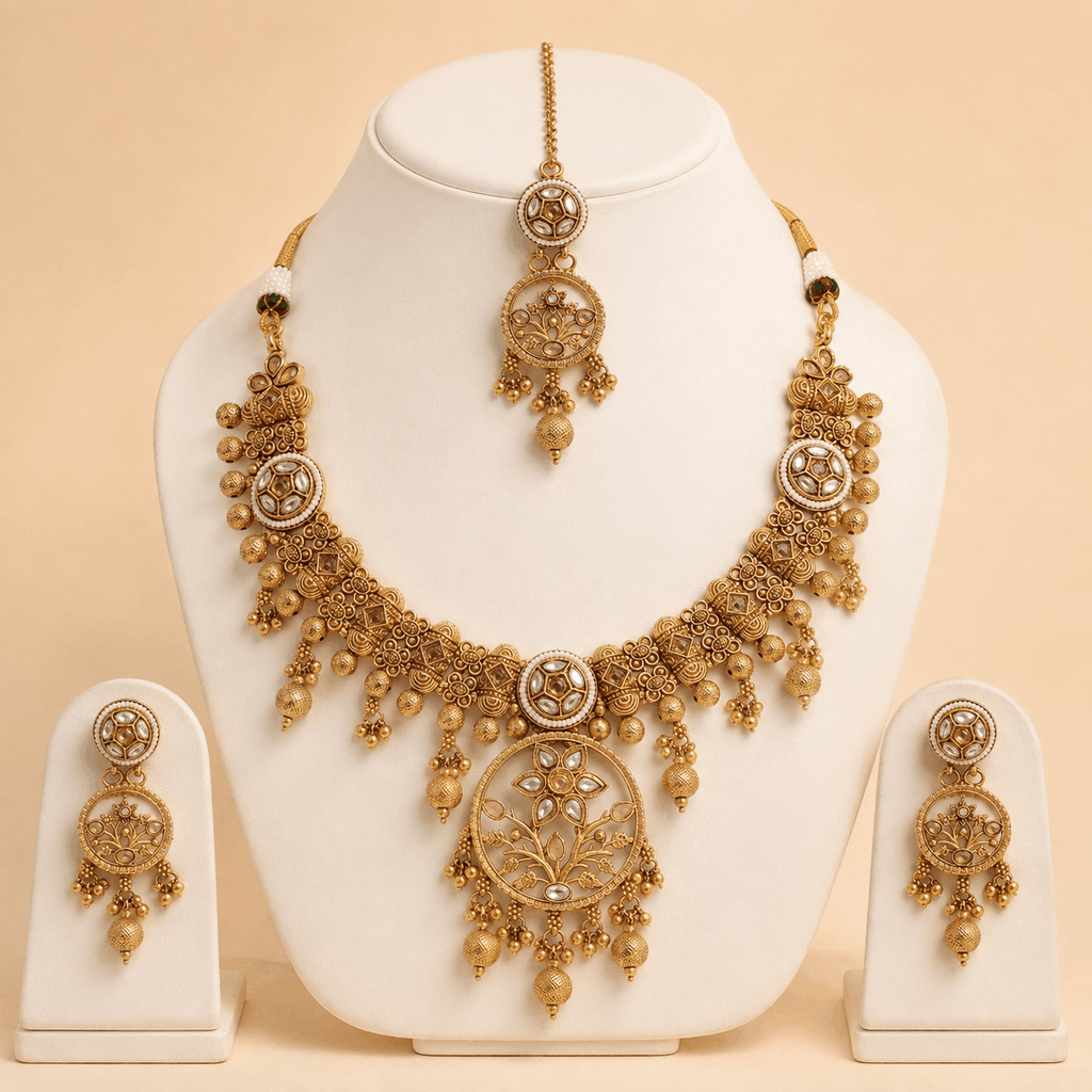 Antique Gold Floral Pendant Jewellery Set – 0153M