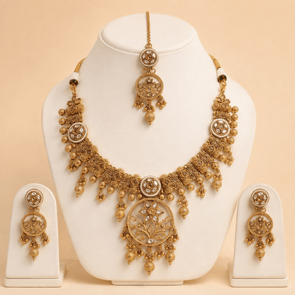 Antique Gold Floral Pendant Jewellery Set – 0153M
