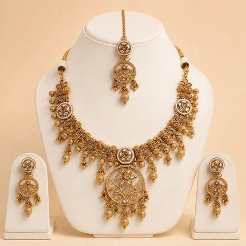 Antique Gold Floral Pendant Jewellery Set – 0153M