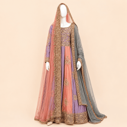 Pastel Lavender & Peach Gold Embroidered Double long Dupatta Bridal Anarkali Maxi – 0100M