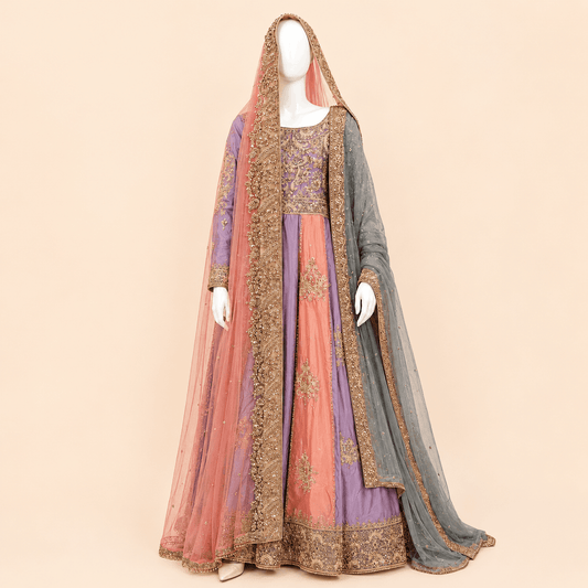 Pastel Lavender & Peach Gold Embroidered Double long Dupatta Bridal Anarkali Maxi – 0100M