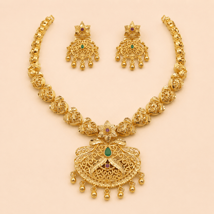 Golden Filigree Necklace Set with Statement Pendant – 0147M