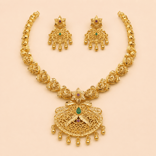 Golden Filigree Necklace Set with Statement Pendant – 0147M