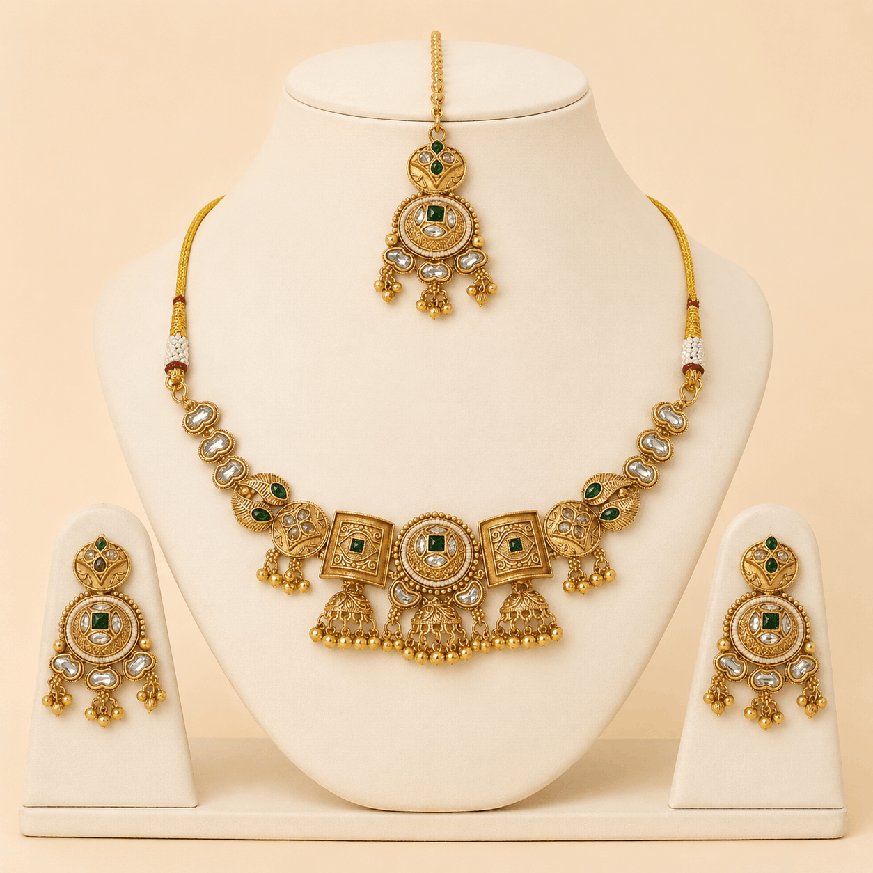 Antique Gold Emerald Kundan Jhumka Necklace Set – 0150M