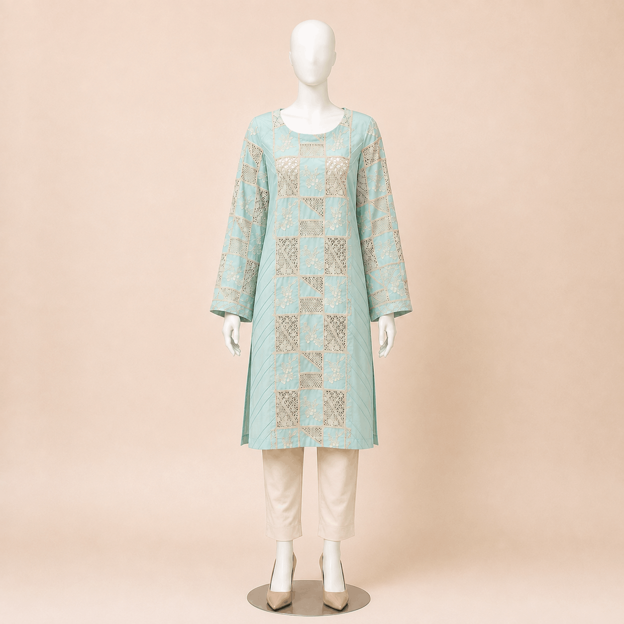 Mint Aqua Embroidered Crochet cut lawn 2-Piece Suit – 42" Length – 0080M