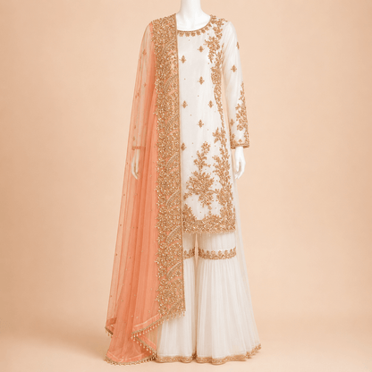 Ivory & Peach Gold Embroidered Gharara Suit with Dupatta – 0092M