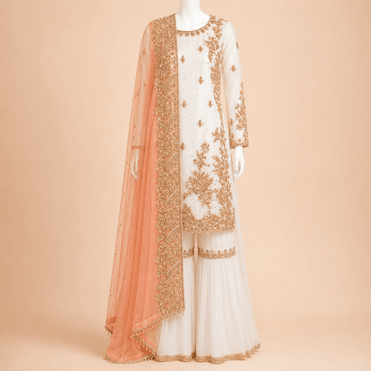Ivory & Peach Gold Embroidered Gharara Suit with Dupatta – 0092M
